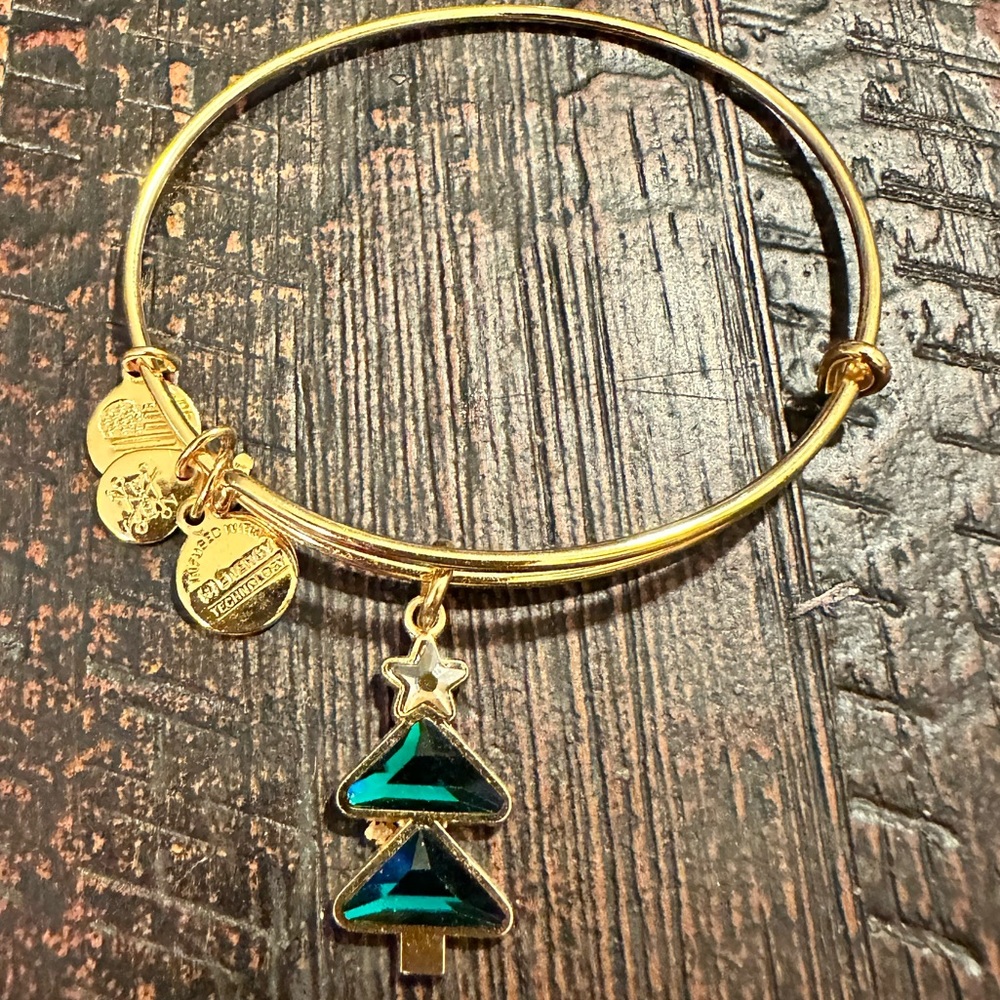 Alex and Ani Shiny Gold Green/Silver Rhinestones Christmas Tree Charm Bracelet
